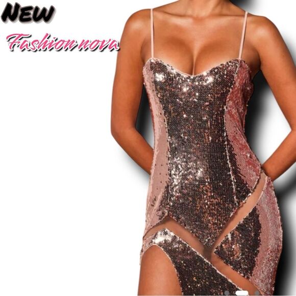 New NWT Fashion nova Vera Sequin Maxi Spaghetti Strap Dress - Rose Gold - Picture 3 of 4